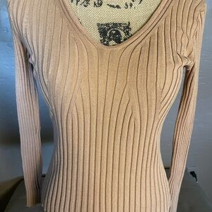 Timing Tan V-Neck Sweater with Ribbed Knit cozy stretch PTP 16